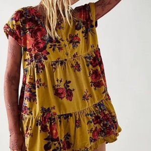 Free People Harper Mini Dress Corduroy Button Front Tiered Smocked Small New